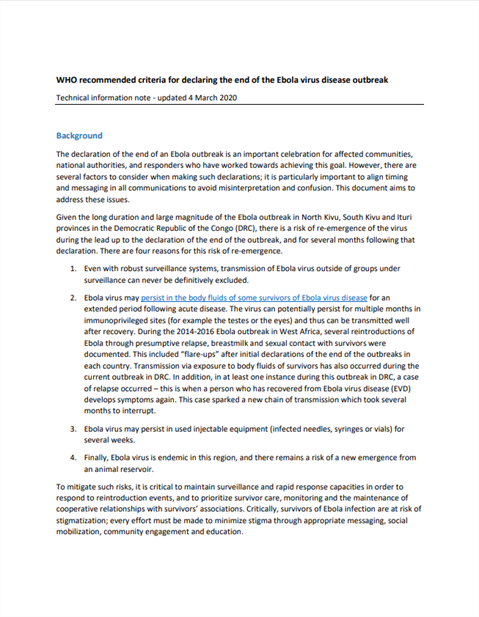 WHO recommended criteria for declaring the end of the Ebola virus disease outbreak