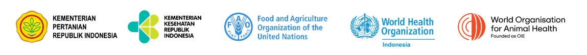 Logos of Ministry of Agriculture, Ministry of Health, FAO, WHO indonesia, WOAH