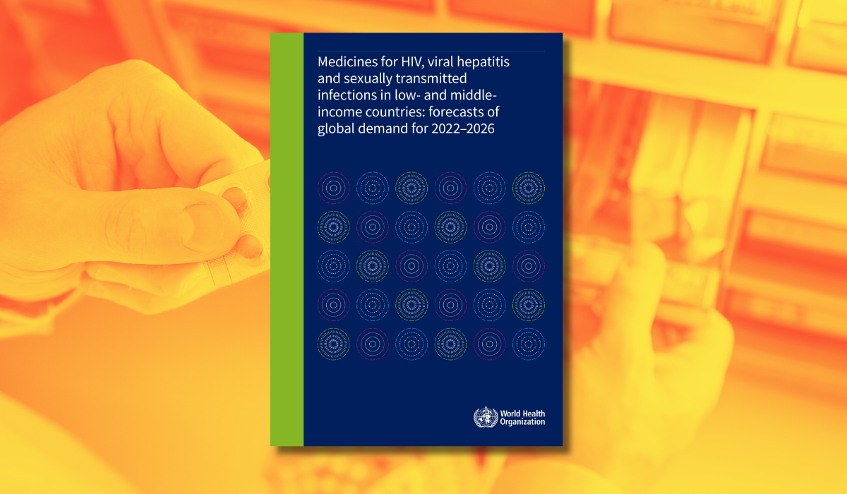 Image shows the cover of a WHO publication. In the background, there are hands holding medication with a predominantly orange color scheme.