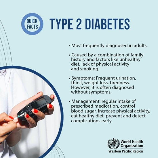 Graphic on type 2 diabetes with a blood sugar tester and hand